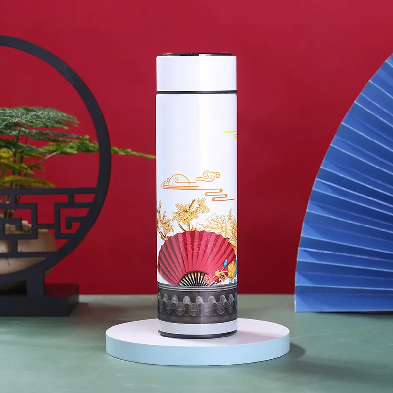 Tragbare Thermosflasche Kaffee Teebecher Chinesischen Stil Intelligente Temperaturanzeige Vakuumflasche Wasser Mit Filtertasse 220617