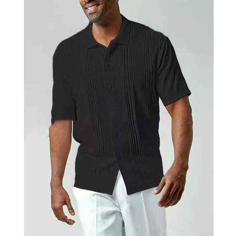 Vintage Solide Tthread Gedruckt Kurze Shirts Männer Mode Sommer Kurzarm Shirt Casual Revers Taste Tops Herren Streetwear L220704
