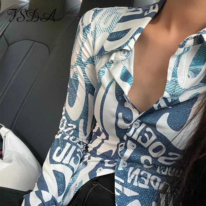 FSDA letra impressão manga longa t camisas azuis sexy mulheres v pescoço preto outono verão colheita casual tops moda 220408