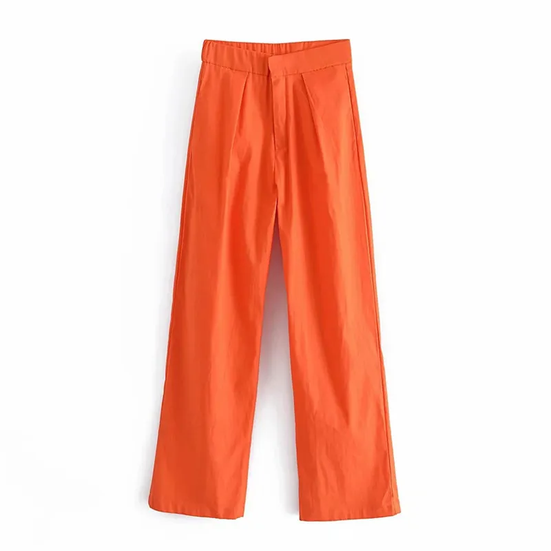 Traf pantalón verde cintura alta pantalones holgados moda rosa rojo naranja recto mujer streetwear pierna ancha 220325