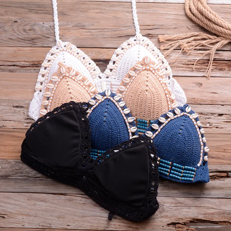 Have Lining Sexy Handmade Crochet Bikini Push Up Swimsuit Triangle Bathing Suit Women Halter Seashell Set Padded Swimwear 220611