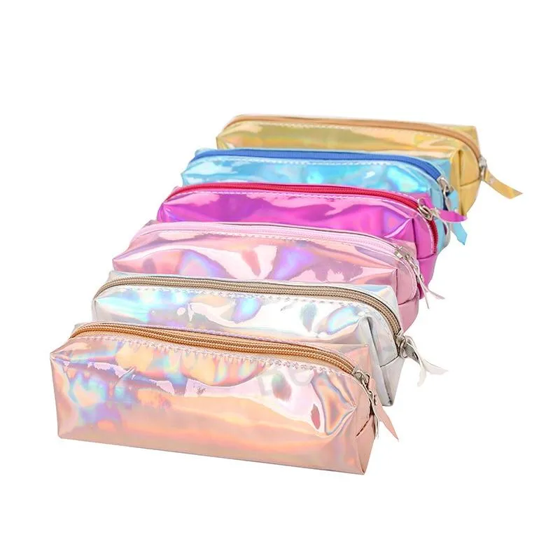 Laser Colorful Pen Bag PU Waterproof Zipper Pens Bag Student Stationery Storage Bags Large Capacity Cosmetic Organizer Pouch BH6983 TYJ