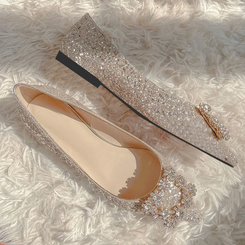 Sapatos de casamento Woman Fivela quadrada Crystal Point Toe Flats Glitter rasos de mocassins confortáveis ​​bling 3344 220613
