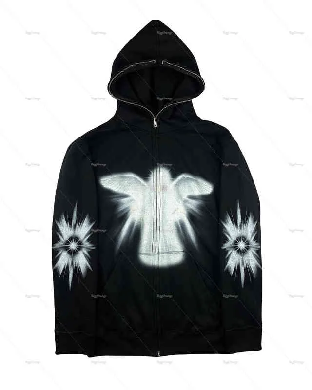 Dragkedja Angel Print Hoodie Men's Fashion Outerwear Ladies 'Streetwear Y2K Pop Sweatshirts Jackor Teens' Clothing