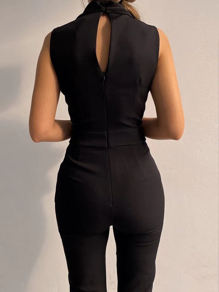 Sexy Black Office Jumpsuit Lady Elegant Pocket Metal Button Bodycon Playsuit Casual Sleeveless Lace-Up Romper Overalls 220505