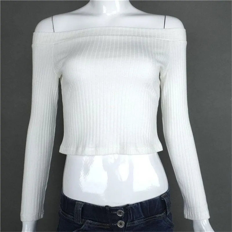 Vrouwen Lange Mouwen Crop Tops Sexy Basic Effen Zwart Wit Dame Casual T-shirt Off Shoulder T-shirts Zomer Herfst 220328