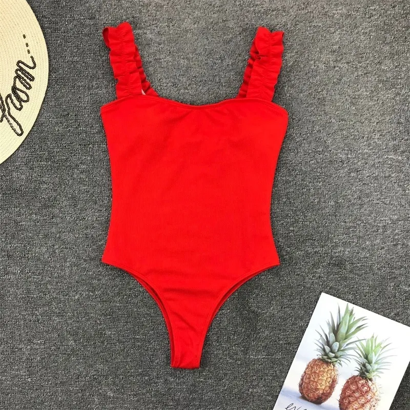 Gossina Sexy Female Swimsuit Vintage Ruffled Push Up Solid Red Swimwear Women Monokini Padded Bathing Suits 220621