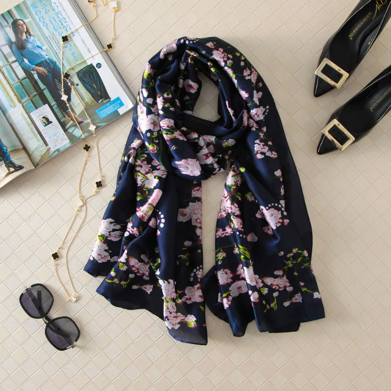 100% натуральный шелковый шарф, женский роскошный шелковый платок с цифровым принтом и цветами, женский длинный бандана, платок большого размера 220516