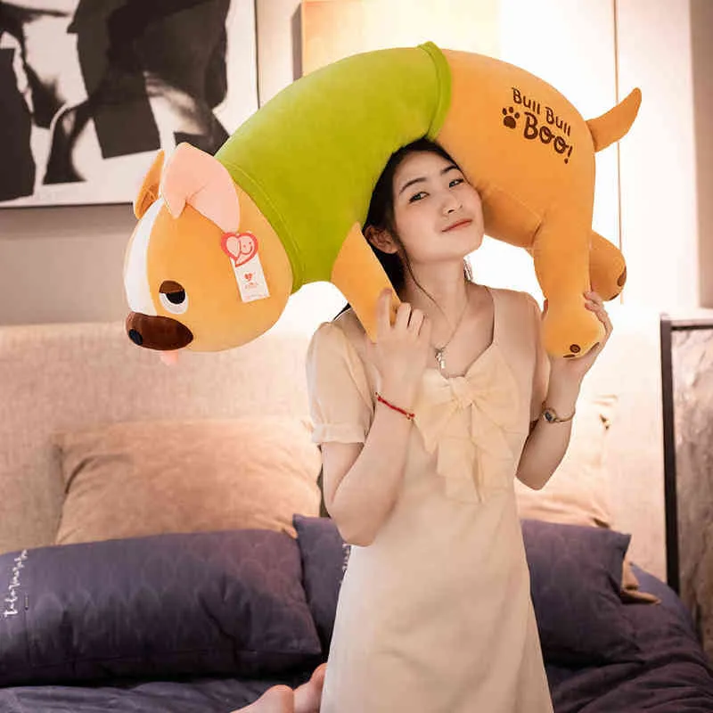 PC CM 아름다운 불독 포옹 귀여운 긴 동물 쿠션 채취 된 소프트 개와 어린이를위한 옷 인형 어린이 선물 J220704