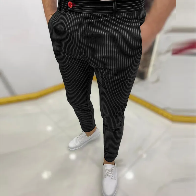 Spring Autumn Mid Waist Skinny Long Pants Business Casual Men's Slim Trousers Fashion Striped Printing Pencil For Men 220325