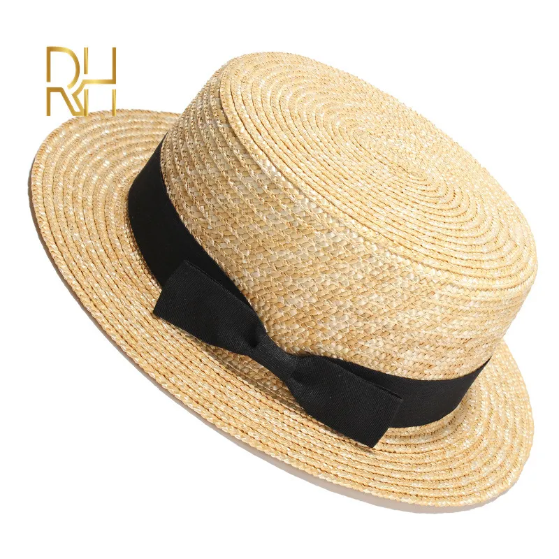 Summer Female Natural S Wheat Straw Boater Fedora Top Flat Hat Women Beach Flat Brim Cap With Red Navy Stripe Ribbon RH 2205131020909