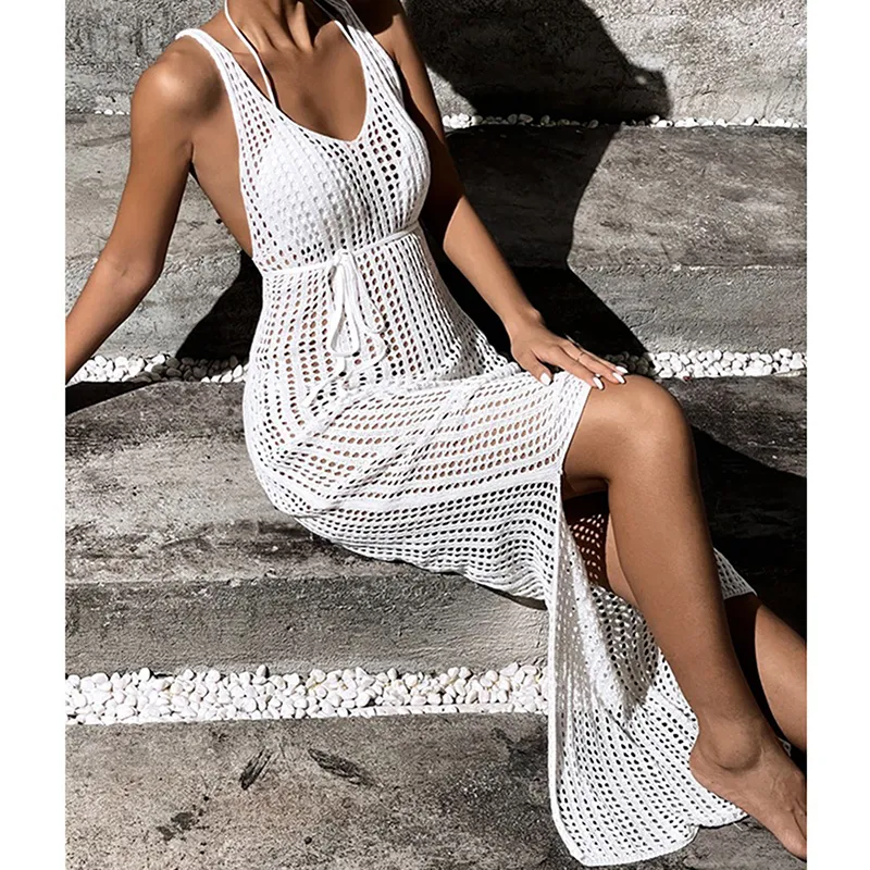 Kvinnor Sexig bikini -täckning UPS Solid Hollow Sleeveless Transparent Belted Split Maxi Dress Kvinnliga badkläder Baddräkt Baddräkt 220524