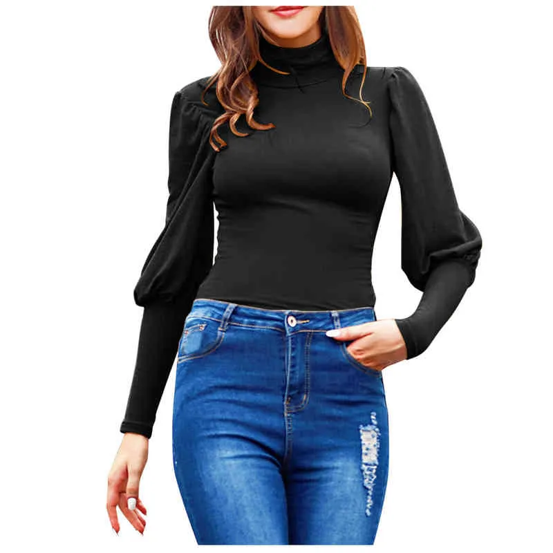 Nieuwe herfst Winter Turtleneck Slim Basic Blouses Women Solid Color Lattern Sleeve Shirts Casual Long Sleeve Tops Blusas Mujer L220705