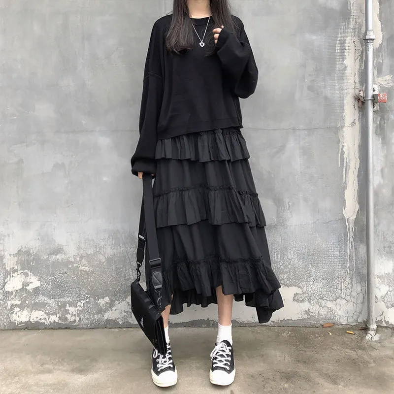 Houzhou Black длинная юбка готическая высокая низкая рюша рюшами рюшами асимметричная асимметричная миди юбка корейская мода Grunge 220322