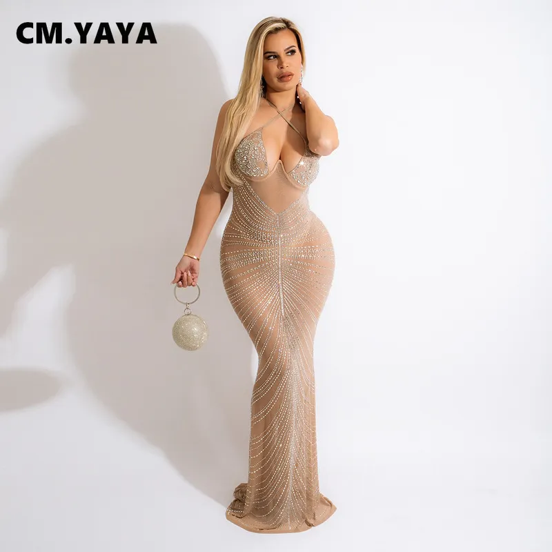 CM.YAYA femmes diamants percer sans manches licou cou sans manches maille voir si Midi Maxi robe Sexy soirée soirée longues robes 220506