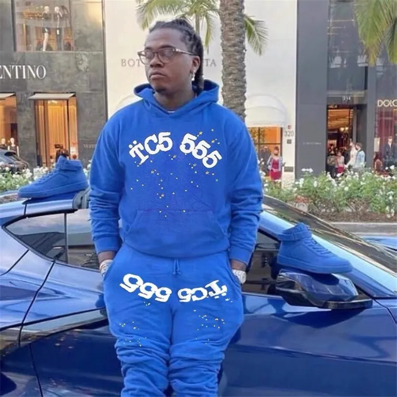 Blue Sp5der Young Thug 555555 Angel Hoodie Men Women Quality Unisex Spider Web Pattern Pullover Sweatshirts 220816