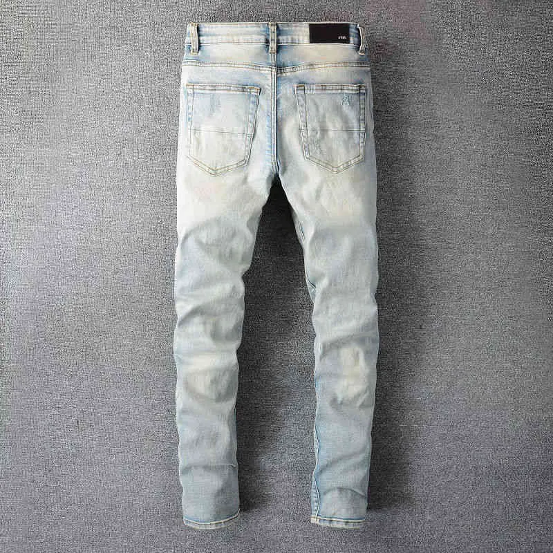 メンズジーンズデザイナーAmirrss Jeans Trendy Brand New Light Wash Patch Reall High High Street Style Elastic Slim Leggings 73DW