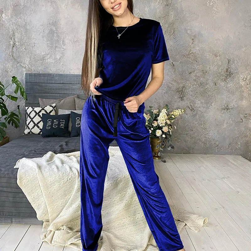 Women Velvet Pajamas Set Elegant Glossy Velour Nightwear Short Sleeve Top and Shorts or Long Pants Ladies Homewear Loungewear 220329