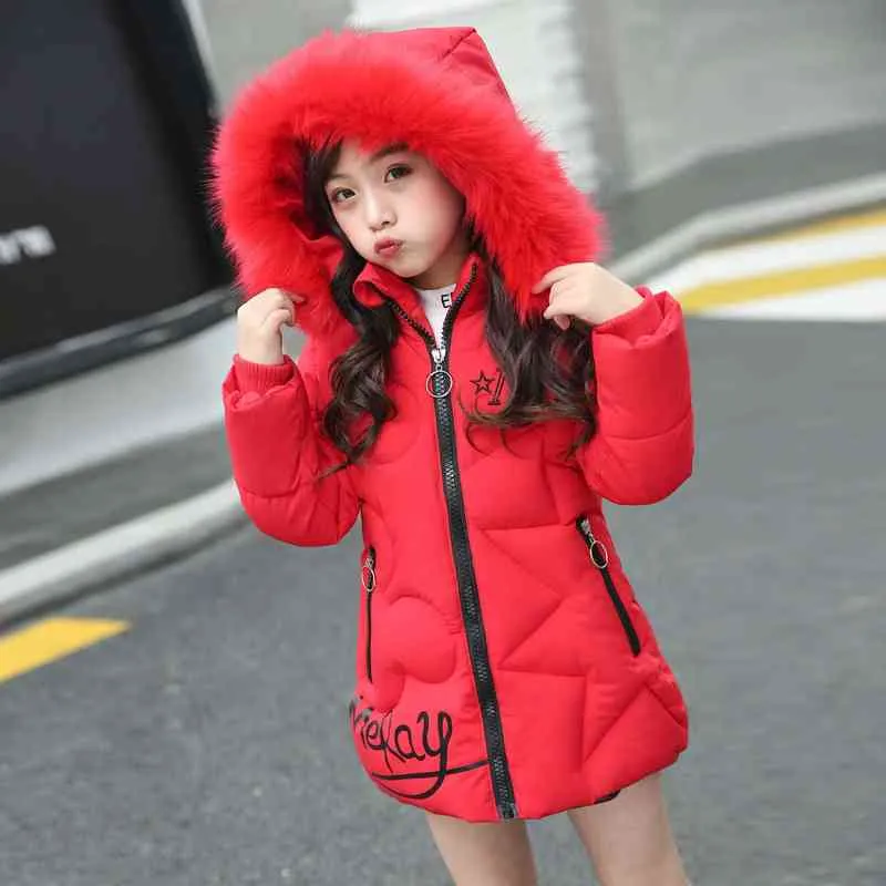 2021 New Big Size Keep Warm Winter Girls Jacket Teenager Long Style Girls Thick Windbreaker Hooded Outerwear For Girl J220718