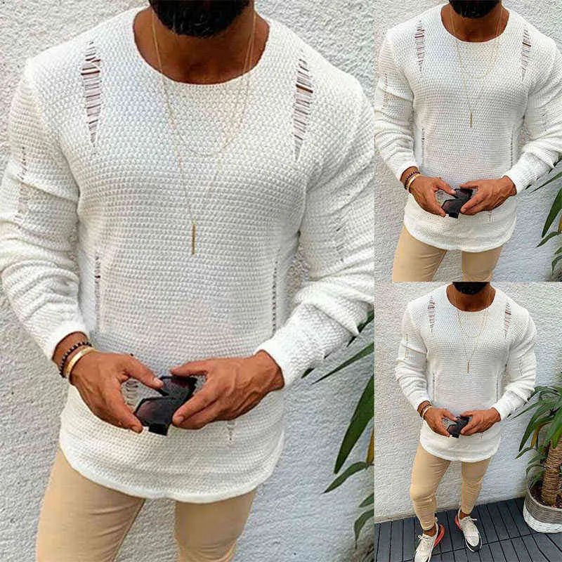 Hirigin Men Ripped Seater Cotton Cotton Soft Male Winter Warm Knit Clasure Casual Cool Seater o-Neck Long Sleeve Seaters L220801