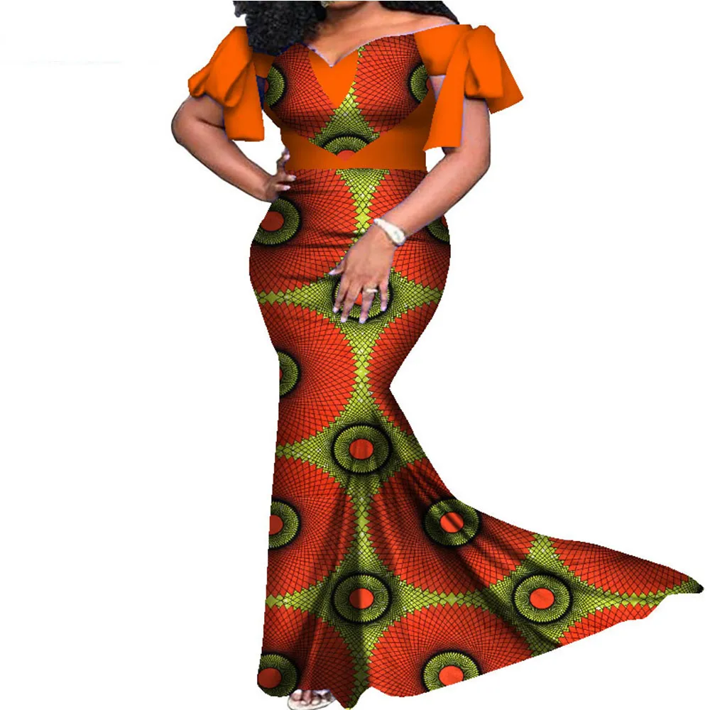 BINTAREALWAXアフリカの女性の結婚式の服ハートシェイプスラッシュネックドレスファッションレディエレガントなワックスプリントコットンドレスWY7965