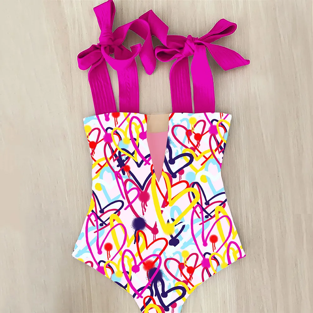 Sexy une pièce maillot de bain épaule à bretelles maillot de bain coeur imprimé maillots de bain femmes dos nu maillot de bain vêtements de plage Monokini