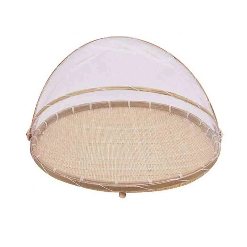 Handmade Bamboo Woven Portable Picnic Kitchen Protect Food Pane Piatti che servono Mesh Basket Anti-mosche Vassoio di frutta Net Tent Cover Y220526