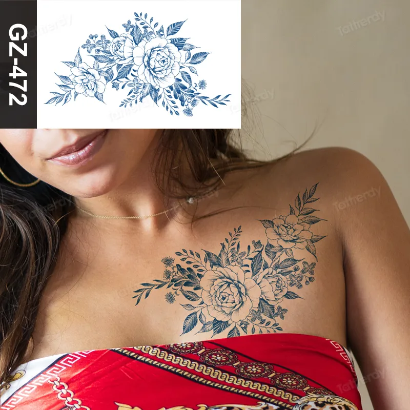 Adesivo tatuaggi succhi Schizzo Fiori Peonia Rosa Loto Mandala Falso tatuaggio all'henné Pizzo Seno Braccio Tatuaggi trasferimento d'acqua Manica