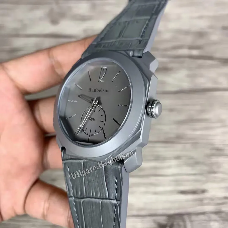 Relógios masculinos octogonal cinza rosto casual titânio caso movimento de quartzo pulseira de couro 41mm relógios de pulso montre de luxe314e
