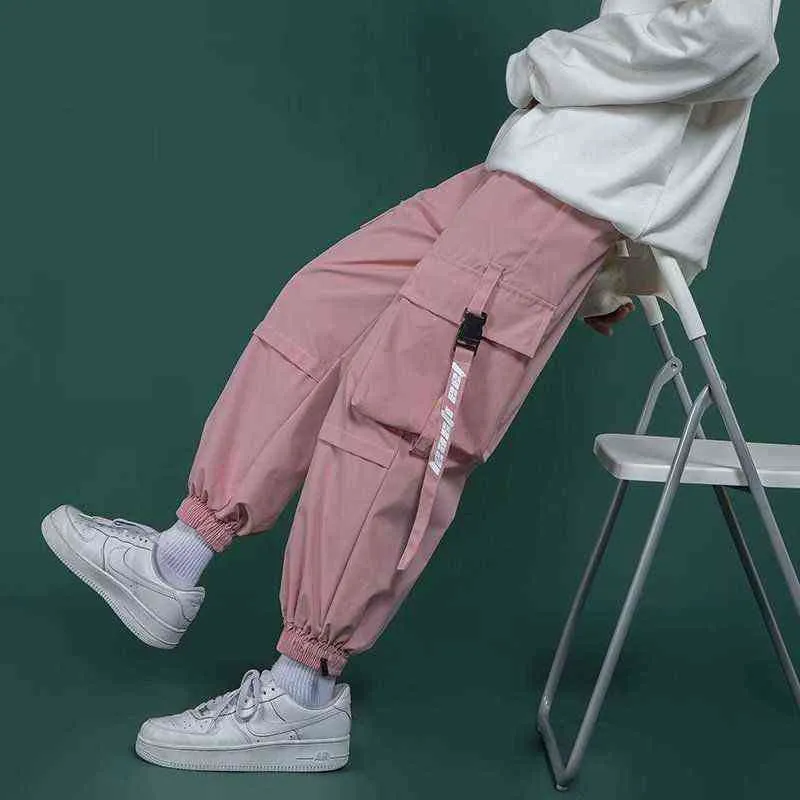 Pantaloni cargo in cotone Nastri Pantaloni casual rosa Tasche alla moda a vita alta Pantaloni Harem femminili Streetwear Pantaloni da donna neri G220507