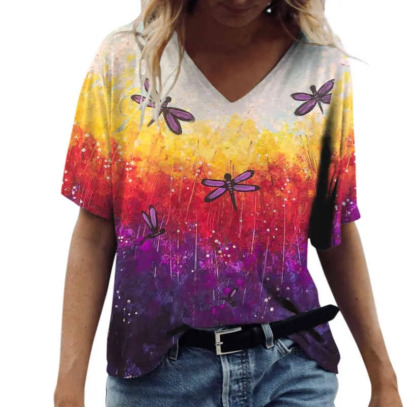 Womens Daily Summer Print V Neck Blouse Short Sleeve Workout Shirts Casual Loose Oil Painting Print Fashion Casual Loose Tops L220705