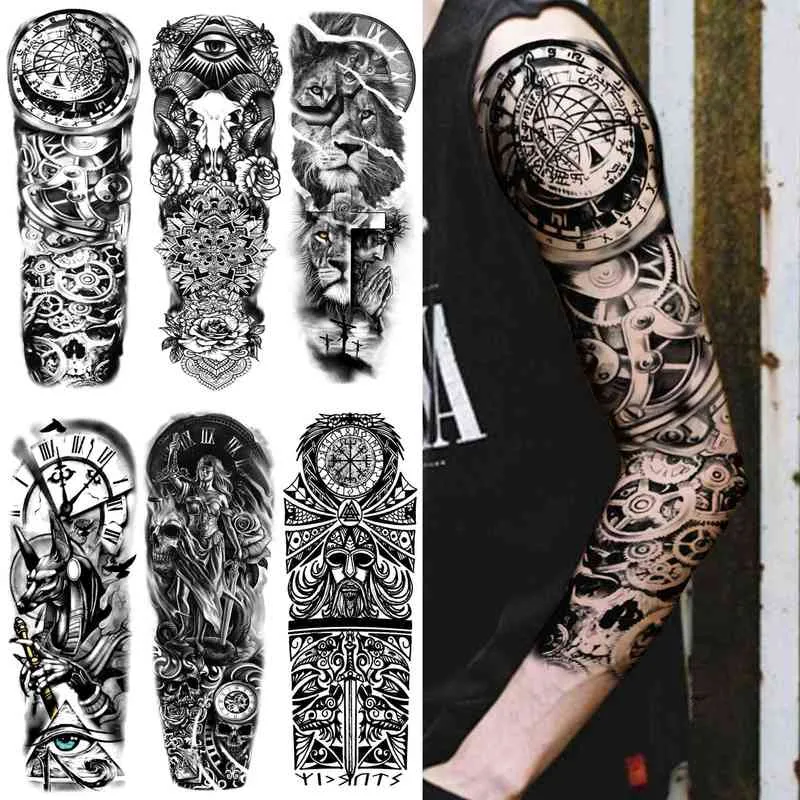 NXY Tillfällig tatuering Super Large Compass Sleeve För Män Kvinnor Vuxen Fake Tribal Tatoos Svart Lion Tatoos Full ARM 0330