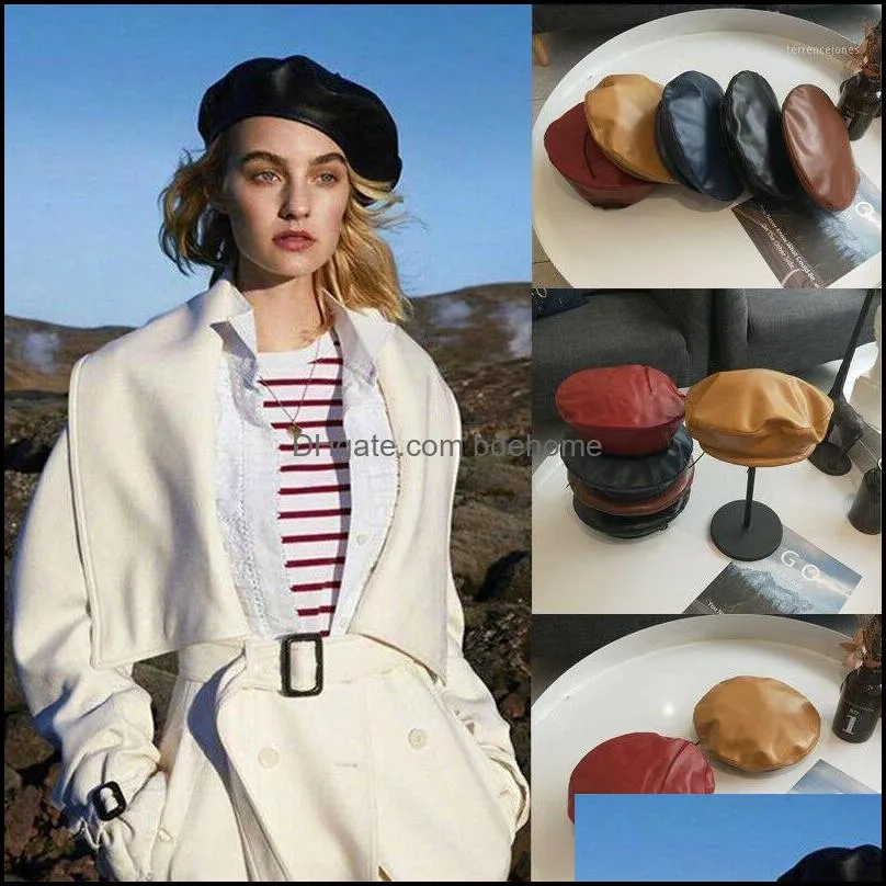 Women Grils Beret Cap PU Leather Casual Soild Classic Army Cadet Beret Hat Ladies Autumn Winter Retro Beanie Caps Hot1