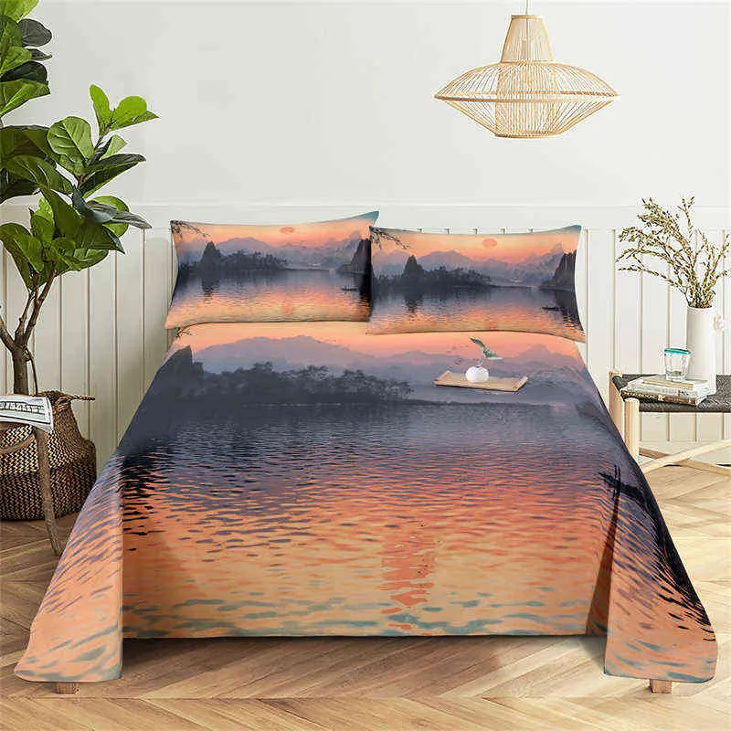 مجموعة غطاء لحاف المناظر الطبيعية مجموعة الطباعة الرقمية Sun Lake Cofforter مع Case for Teens Bedding Set King بالحجم الكامل L220711