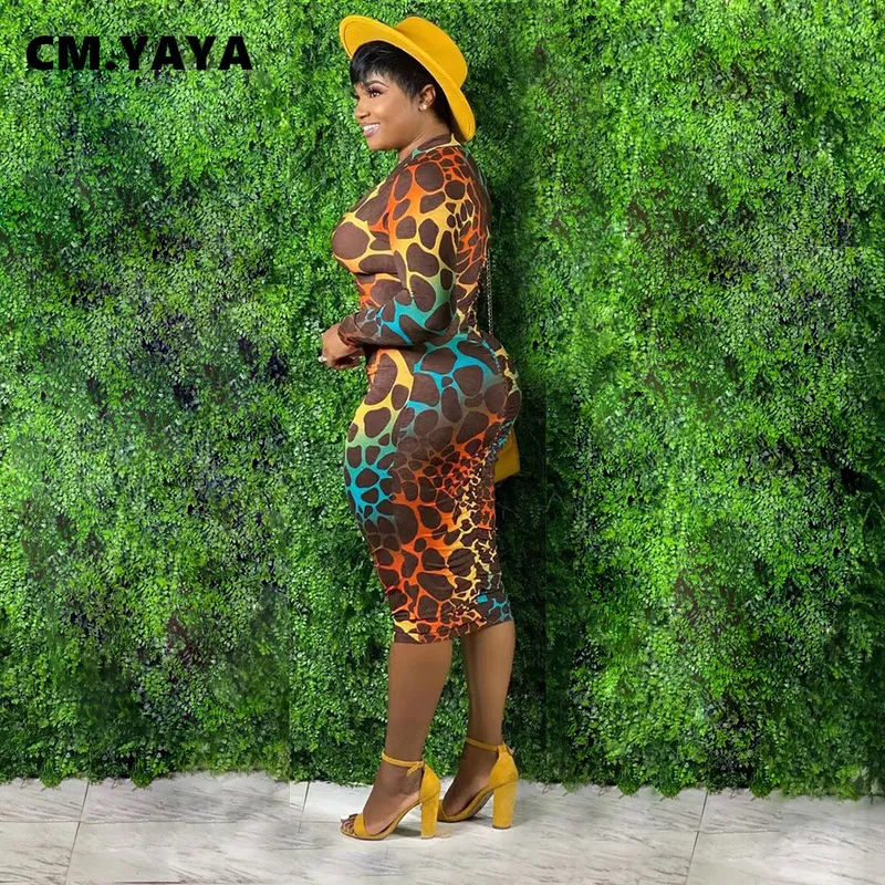 Cm.yaya kvinnor leopard tryck blixtlås upp sväng ner nacken långärmad staplad bodycon midi klänning elegant aktiv ruched draperade klänningar 220516