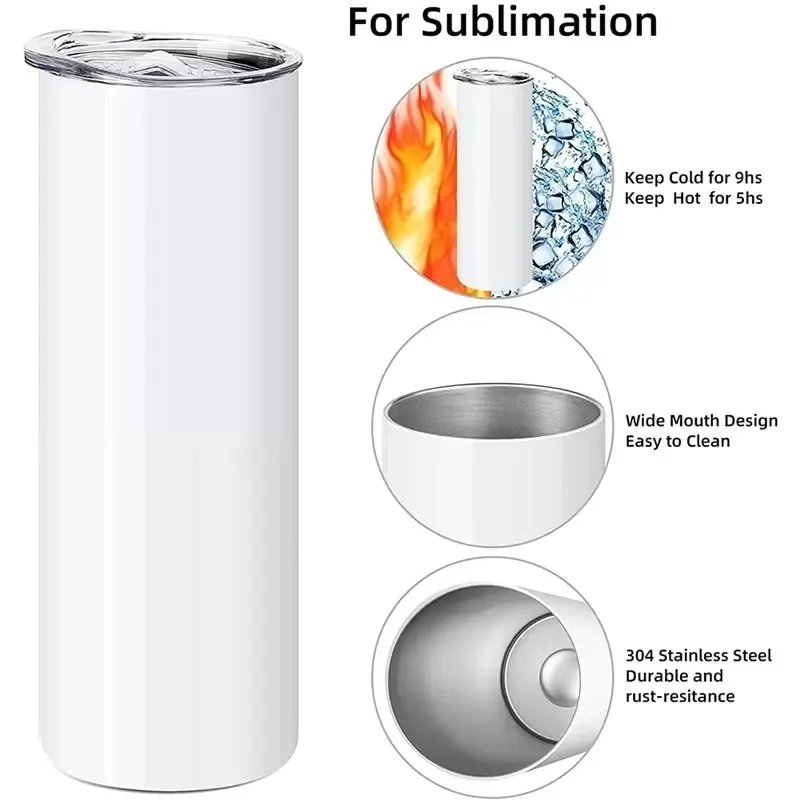 USA CA 2 Days Delivery 20oz white sublimation blanks stainless steel Water Bottles skinny straight sublimation tumblers with straw NEW JY03