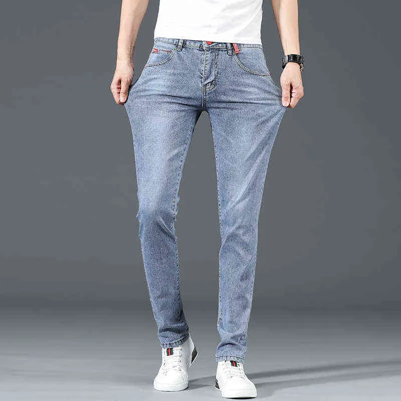 Новая мода бренд тонкий серый голубые тощие джинсы мужские бизнес случайные классические хлопчатобумажные тренды упругий молодежный карандаш джинсовые брюки G0104