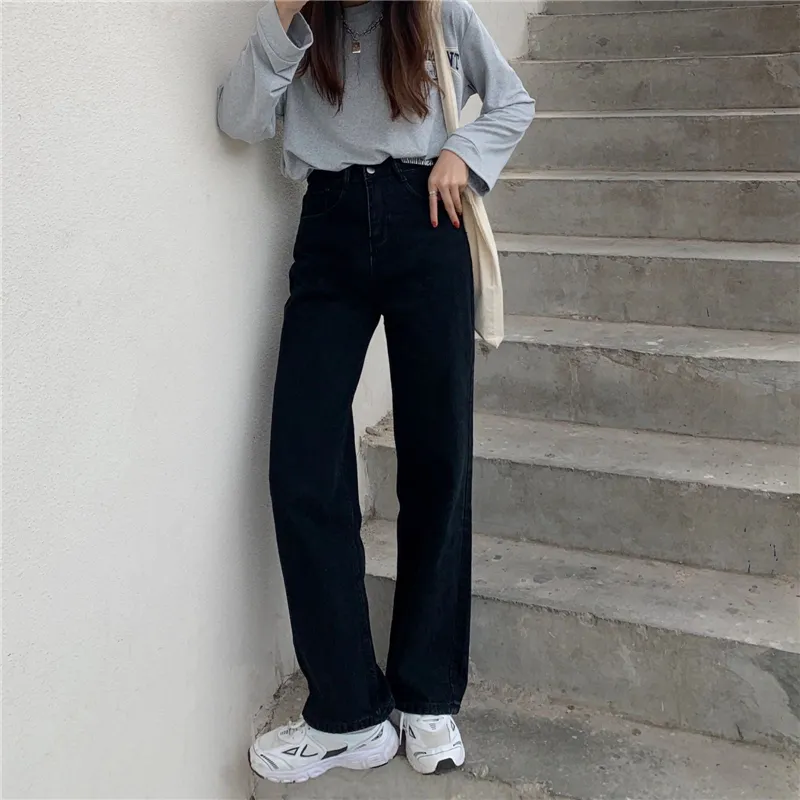 Прямая нога джинсы женские высокие талии широкие тонкие Свободные винтажные черные брюки Harajuku повседневная мама джинсовые длинные падты дамы 220402