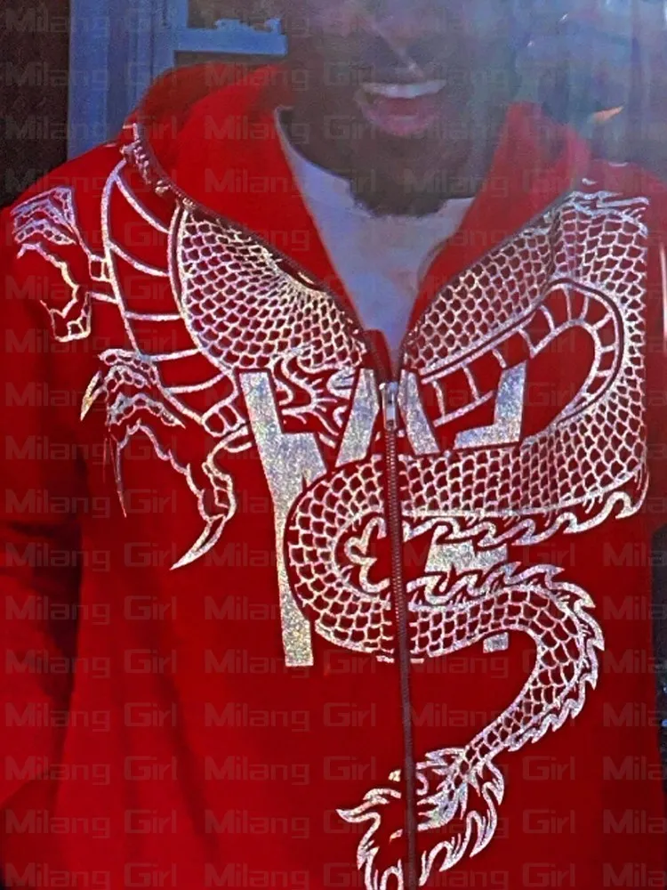 Erkek Hoodies Zip Hoodie Dragon Baskı Kırmızı Goth Sweatshirt Spor Paltosu Hip Hop Uzun Kollu Büyük Boy Hoodie Y2K Ceket 220725