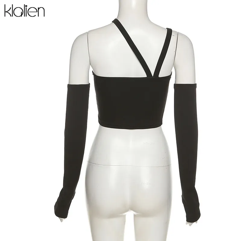 KLALIEN Fashion Casual Slim Solid Black Removable Sleeves Halter T Shirt For Women Autumn Streetwear Wild Basic Female Top 220505