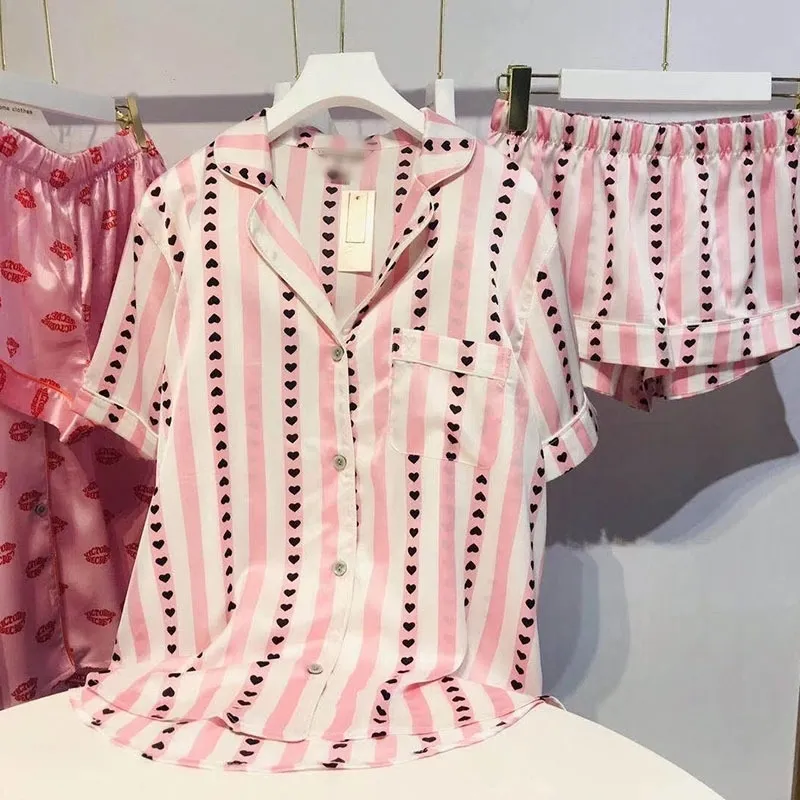 여름 Pijamas 여성 짧은 잠옷 핑크 실크 새틴 잠옷 세트 수면 탑스 바지 심장 라운지 착용 PJS Loungewear 가정 의류 220329