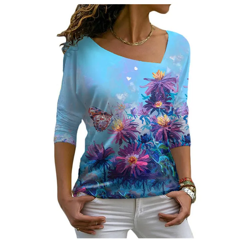 Moda Casual Flower Print Diagonal Collar T-shirt Kobiety Z Długim Rękawem Pullover Topy Tee Ubrania Jesień Lady Streetwear 220408
