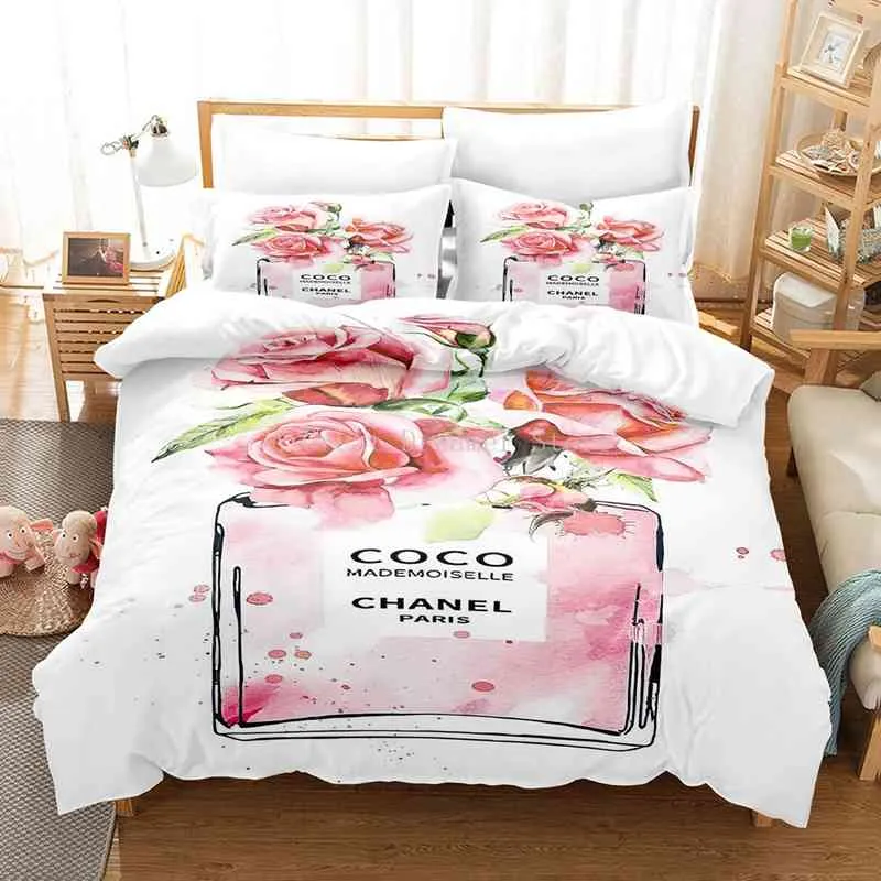 Profumo il trucco di lusso con set di biancheria da letto floreale Copripiumino rosa cosmetico Ragazze Donne Letto Tessili la casa Biancheria da letto di moda