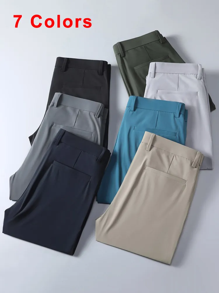 Herrbyxor sommarmän lång andningsbar sträckt spandex nylon smal tunna chinos manliga affärer formell rak kostym byxor 220826