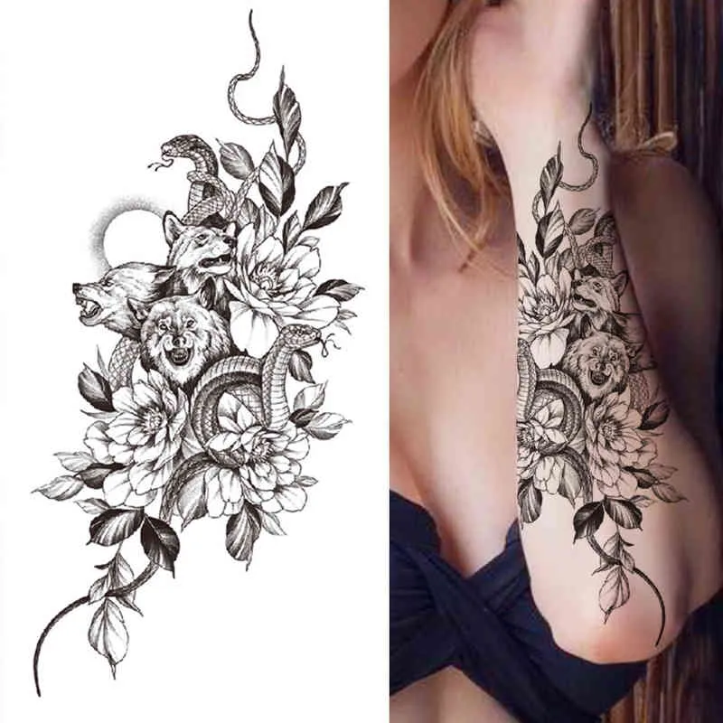 NXY Tillfällig tatuering blomma orm för kvinnor Flickor Death Skull Fake Rose s Sticker Svart Sweatpea Flora Vattenöverföring Tatoos 0330