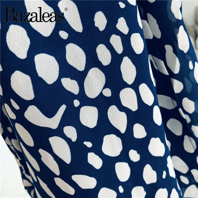 BAZALEAS ELEGANT JUSTERA SPAGHETTI REMS Vestido Blue Leopard Print Women Midi Dress Vintage Elastic Bust Side Split 220611