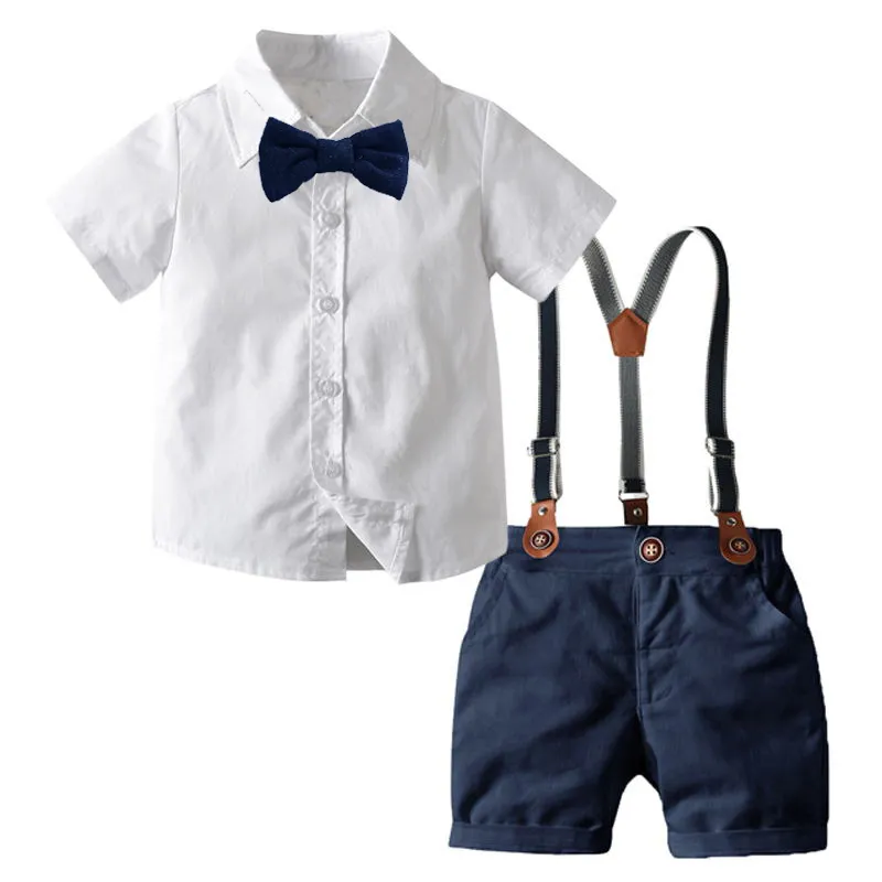 Boy Bow Gentleman Clothes White Shirt Navy Shorts with Suspenders Kids Children Holiday Outfits Short Sleeve Sets 220620