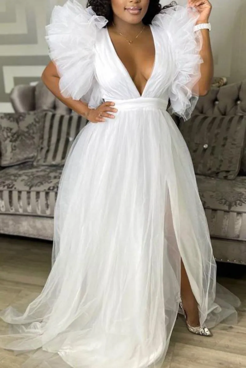 RMSFE Ladies Fashion Loose Large Swing Mesh Sexy Sleeveless V neck Women Dress Pure White 220521