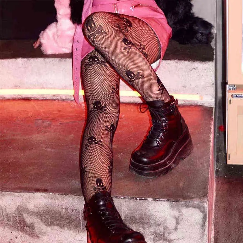 Punk High Waist Hole Leggings Cut Out Cobweb Skull Silk Stockings See Through Sexy Club Outfit Gothic Y2K Pantyhose Tights 2022 T220808