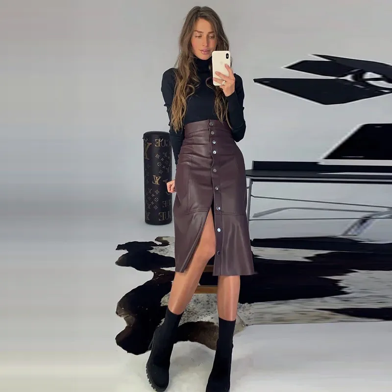 Pu Leather Rivets Buttons Midi Skirt Women High Waist Casual Elegant Fashion Slim Autumn Winter Warm 220317